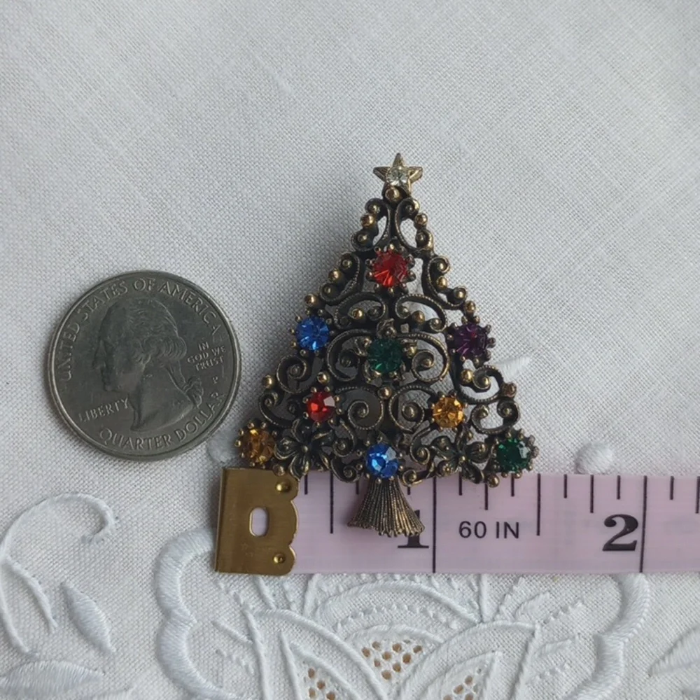 Vintage Jeweled Christmas Tree Brooch star, purple, red, blue, green stones